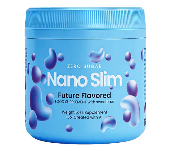 Flakon Nano Slim bleu de 150g avec visuels 3D futuristes représentant la combustion des graisses